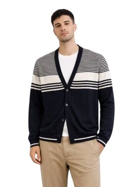 21Men Striped Navy & White Striped Button Up Cardigan – Size Large GUC